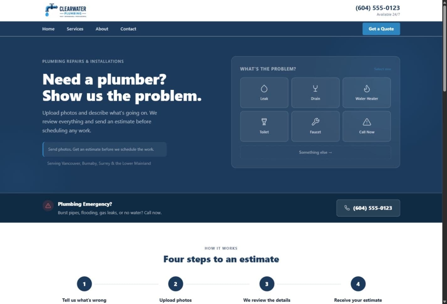 Contractor quote-flow prototype homepage screenshot