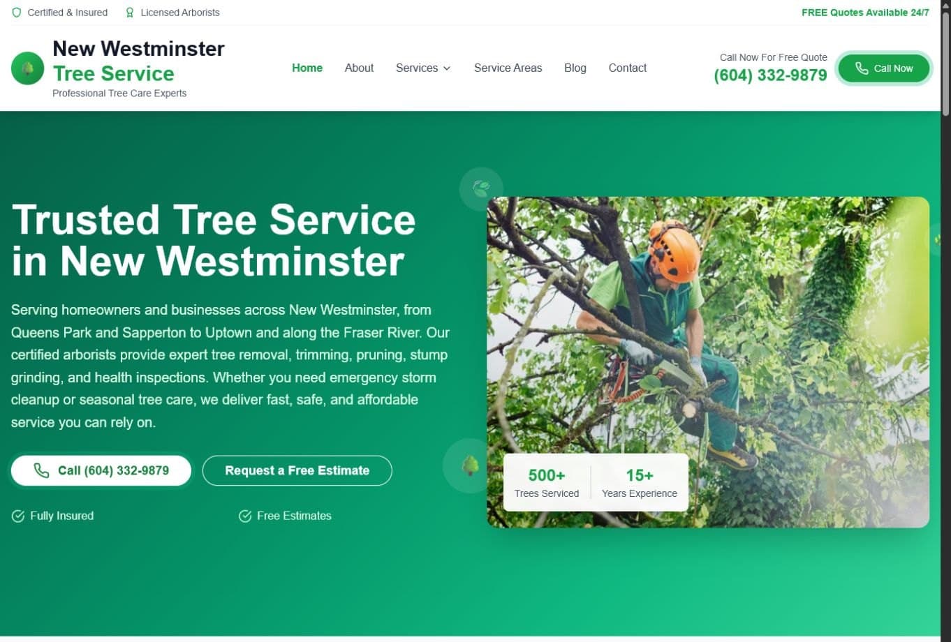 New Westminster Tree Service homepage screenshot