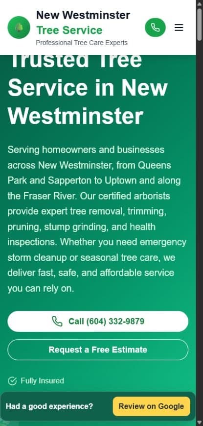 New Westminster Tree Service mobile homepage screenshot
